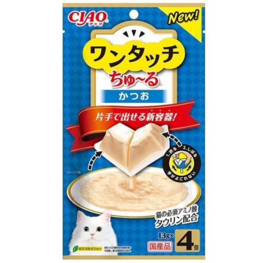 CIAO 貓零食 日本One Touch 肉泥杯 鰹魚醬盒 14g 4本入 (藍) (SC-312) 圖 1